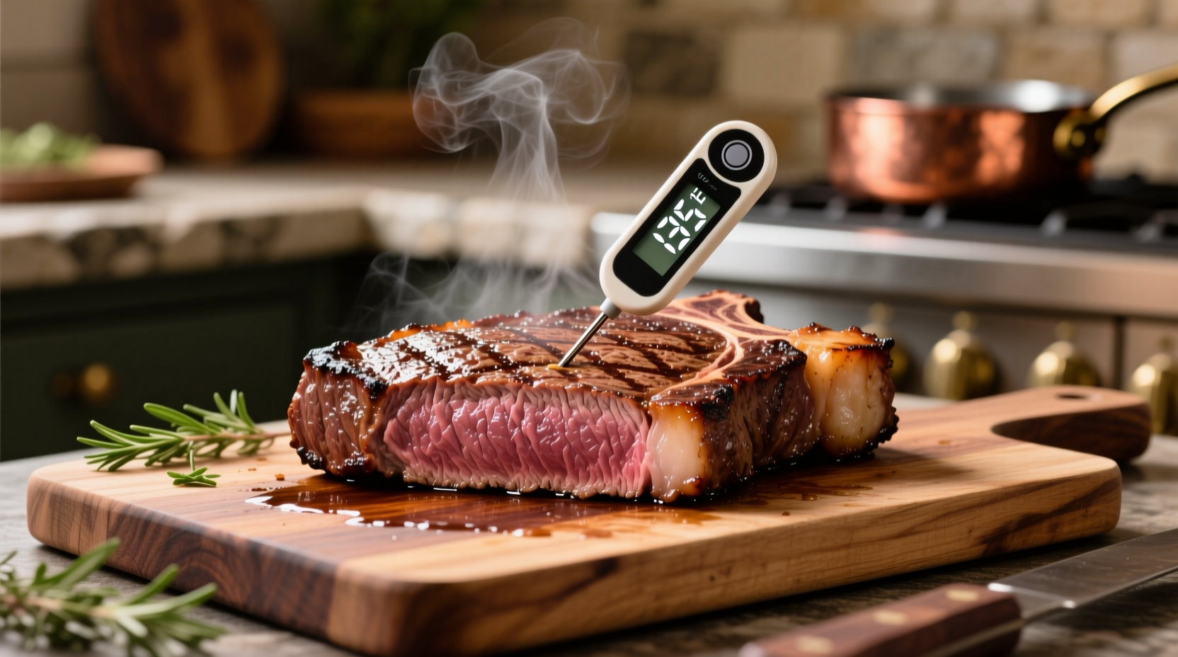 Medium steak with thermometer showing 135 degrees