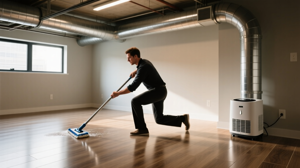 Person mopping luxury vinyl plank flooring in a finished basement with exposed ductwork and a running dehumidifier nearby