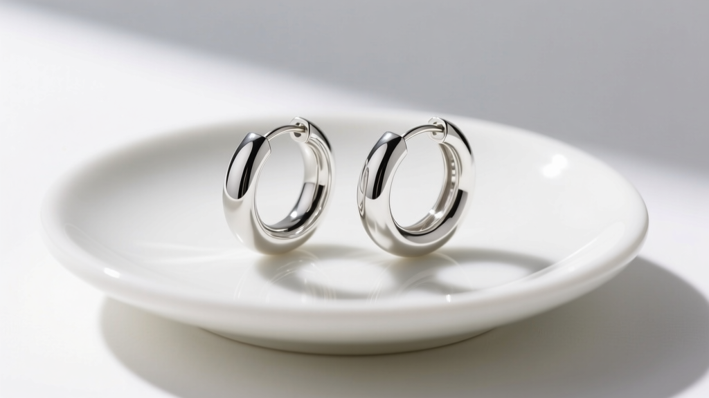 16-gauge sterling silver huggie hoops with bright rhodium finish displayed on a white ceramic dish in bright natural daylight.
