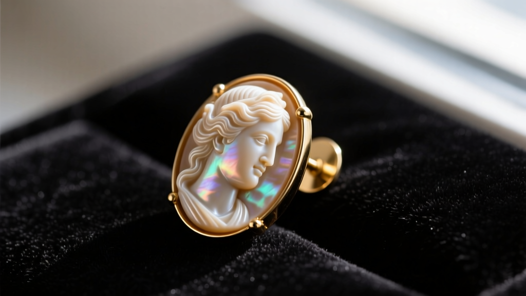 Close-up of vintage shell cameo clip on earrings on dark velvet, highlighting the carved profile and brass paddle-back mechanisms.