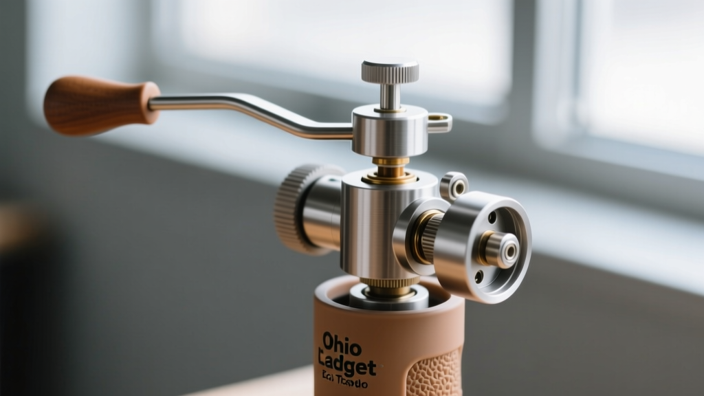 Close-up of the Ohio Gadget Labs Eco Travel Espresso manual pump mechanism showing the recycled aluminum and bioplastic finish