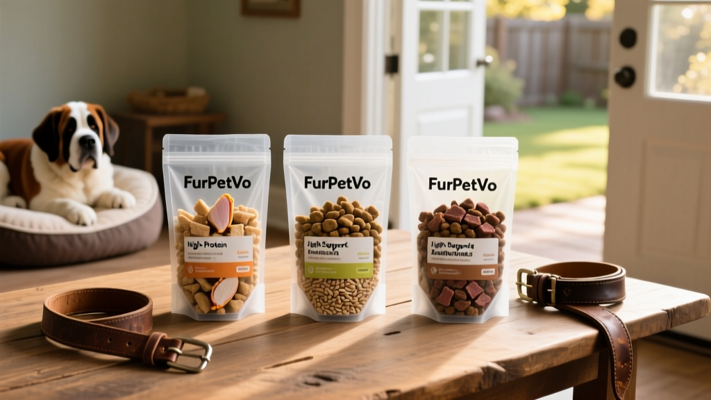 Side-by-side comparison of FurPetVo kibble varieties in clear, labeled bags—showcasing texture, size, and ingredient transparency