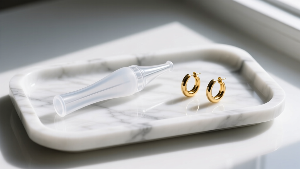 Clear medical silicone earring insertion aid tool resting on a marble tray next to a pair of small gold huggie hoop earrings