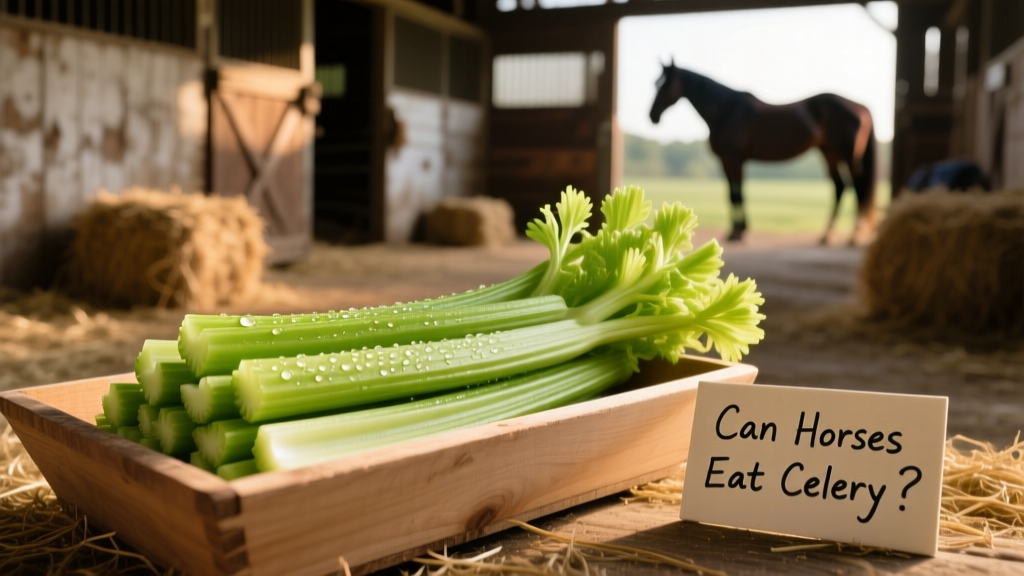 Fresh celery stalks cut into bite-sized pieces beside a clean feed pan