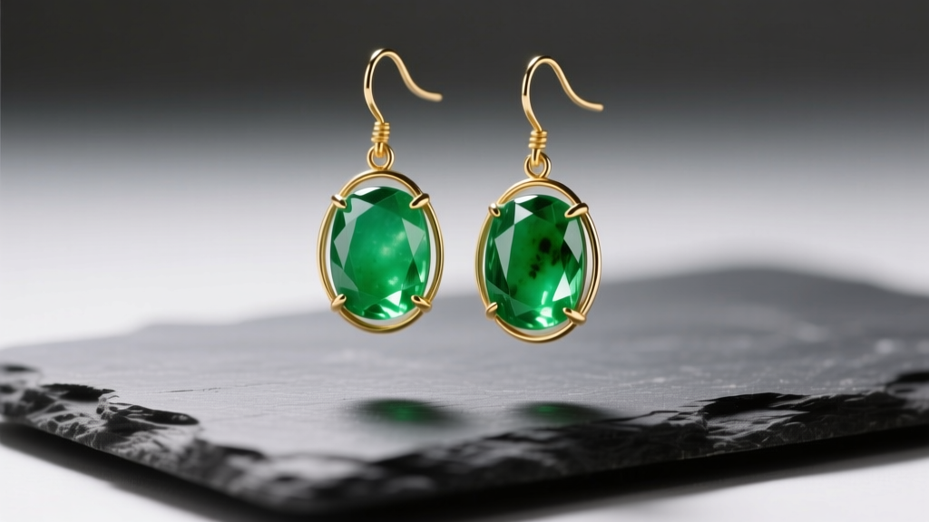 Vibrant green jadeite dangle earrings on gold wires, resting on dark slate, illuminated by soft directional studio lighting
