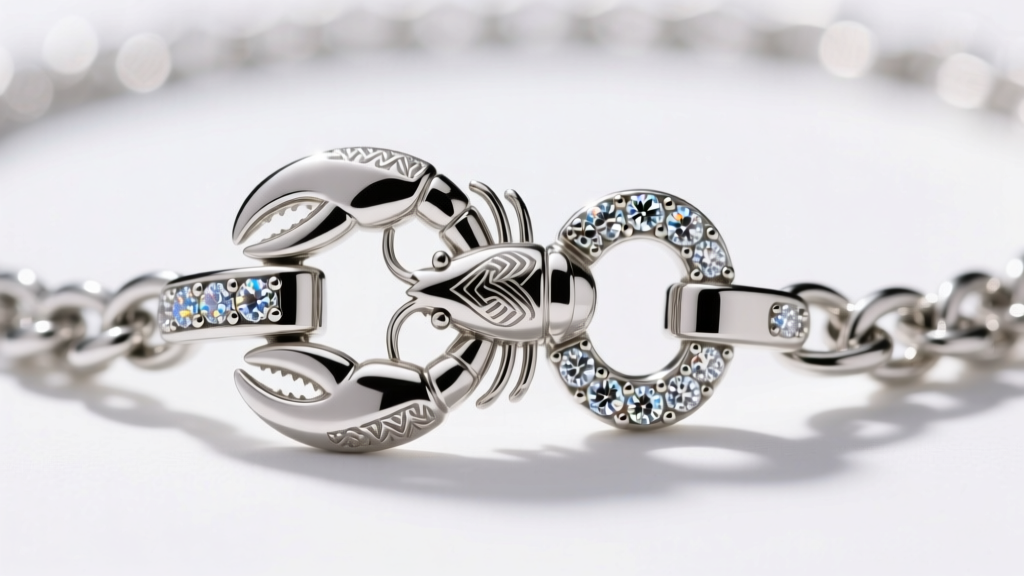 Close-up of a secure platinum lobster clasp with a custom figure-8 safety catch on a heavy diamond tennis chain, macro photo