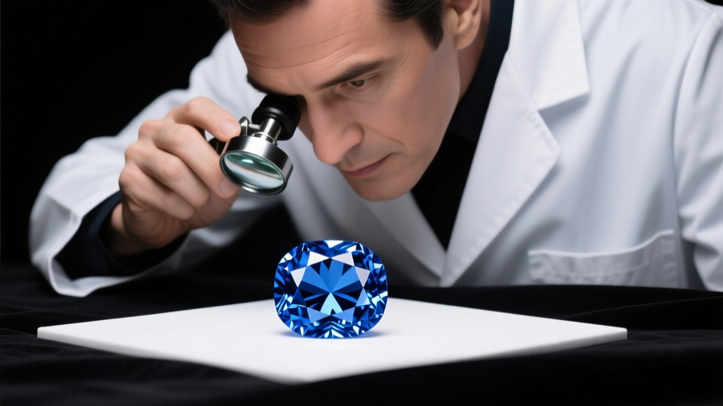 Jeweler examining a cornflower blue sapphire with a loupe, highlighting internal silk inclusions under bright studio lighting.