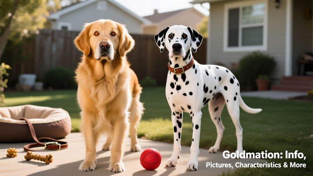 Side-by-side comparison of a purebred Golden Retriever and a purebred Dalmatian, highlighting differences in coat pattern, ear shape, and body structure