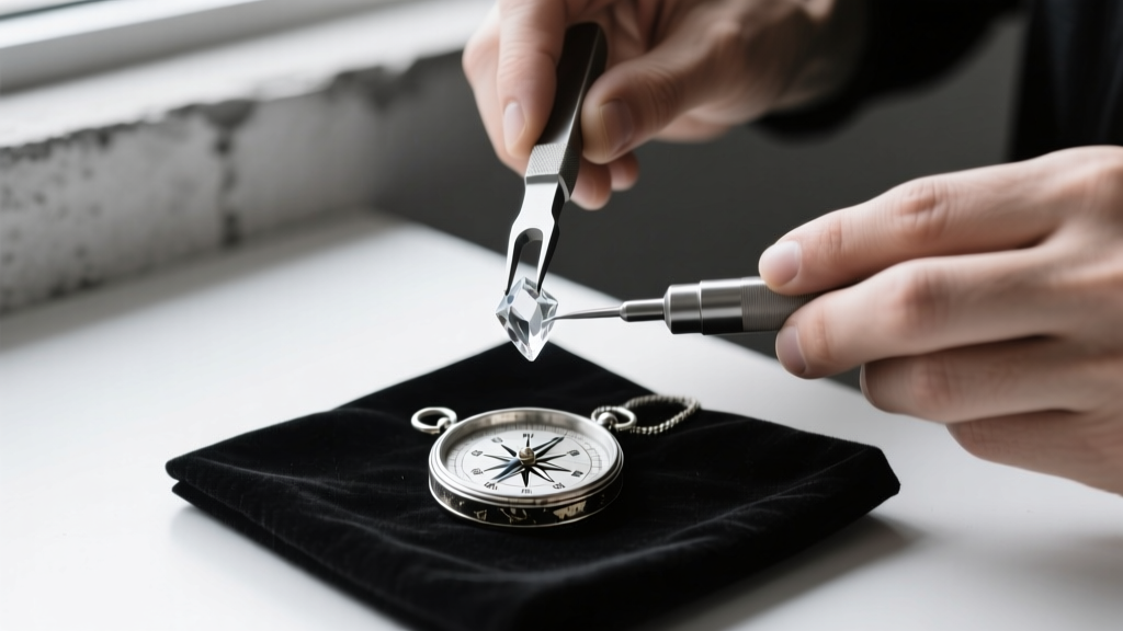 Jeweler using a precision bezel lifter tool to remove the glass crystal from a tarnished silver compass pendant for repair.