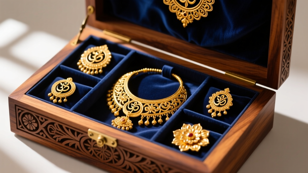 An open carved wooden box lined with anti-tarnish silk, storing heavy 22k gold Indian temple jewelry in separate compartments