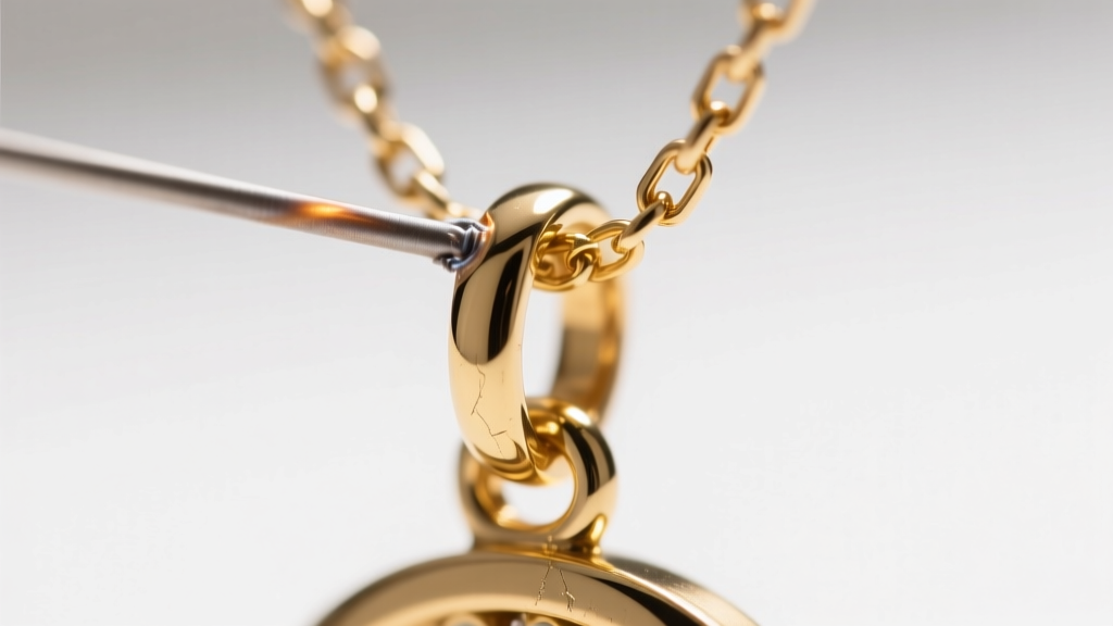 Macro view of a soldered jump ring connecting a gold pendant to a box chain, revealing a seamless weld and polished metal finish.