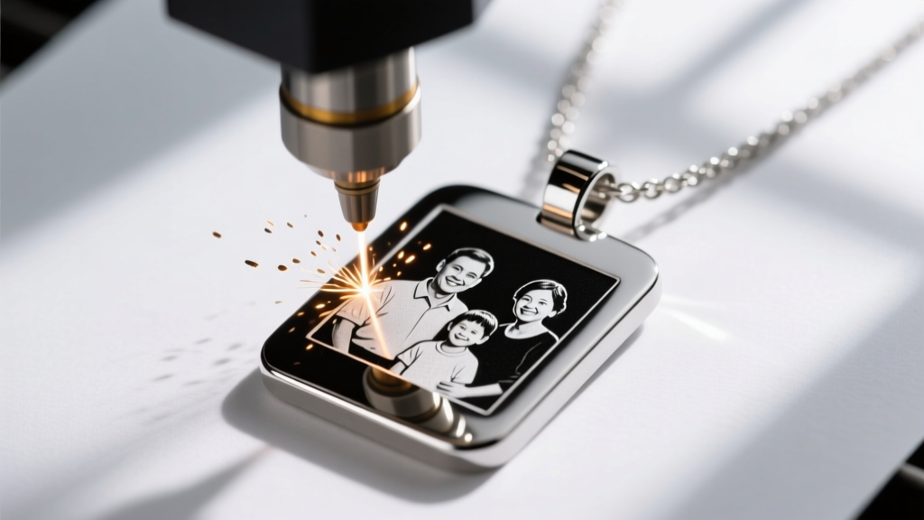 Macro shot of a fiber laser engraving machine etching a high-contrast family photo onto a 316L stainless steel necklace pendant.