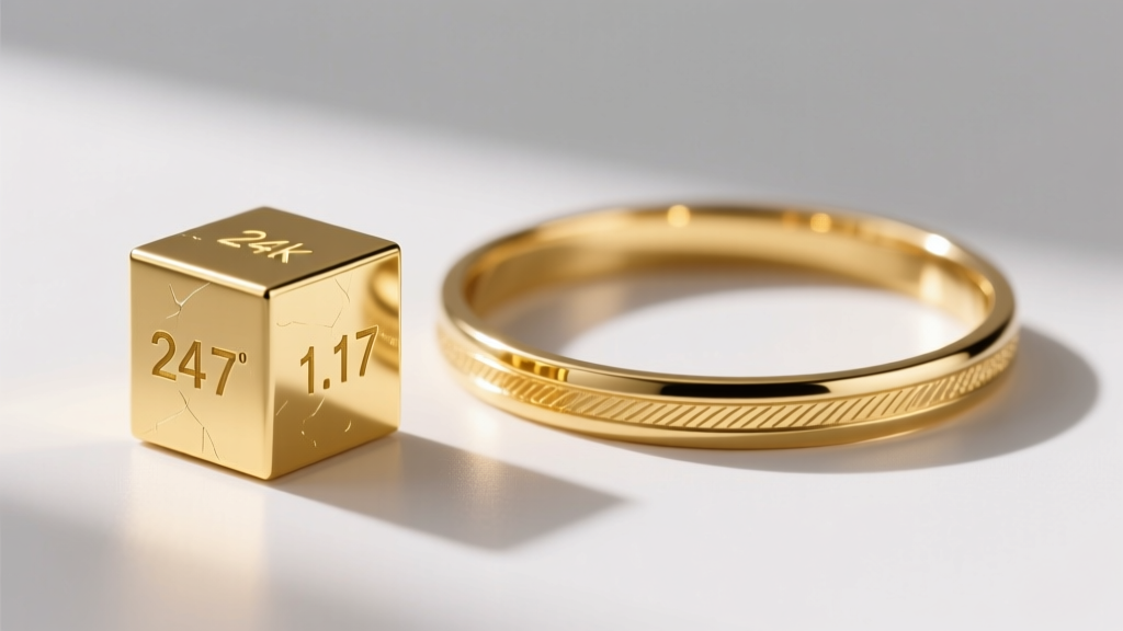 Macro photography of a 24k pure gold cube measuring 1.17 centimeters next to an 18k gold bangle bracelet for volume comparison.