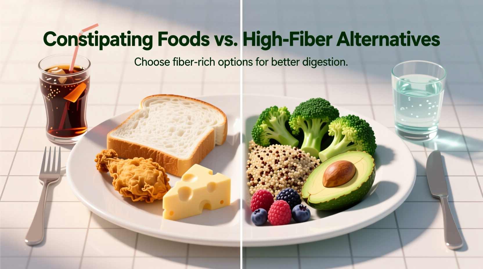 Constipating foods versus high-fiber alternatives on plate