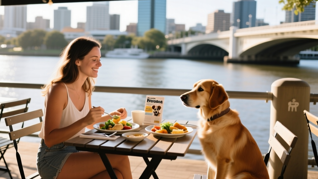 A woman enjoying lunch at an outdoor riverside restaurant table with her calm, seated dog beside her