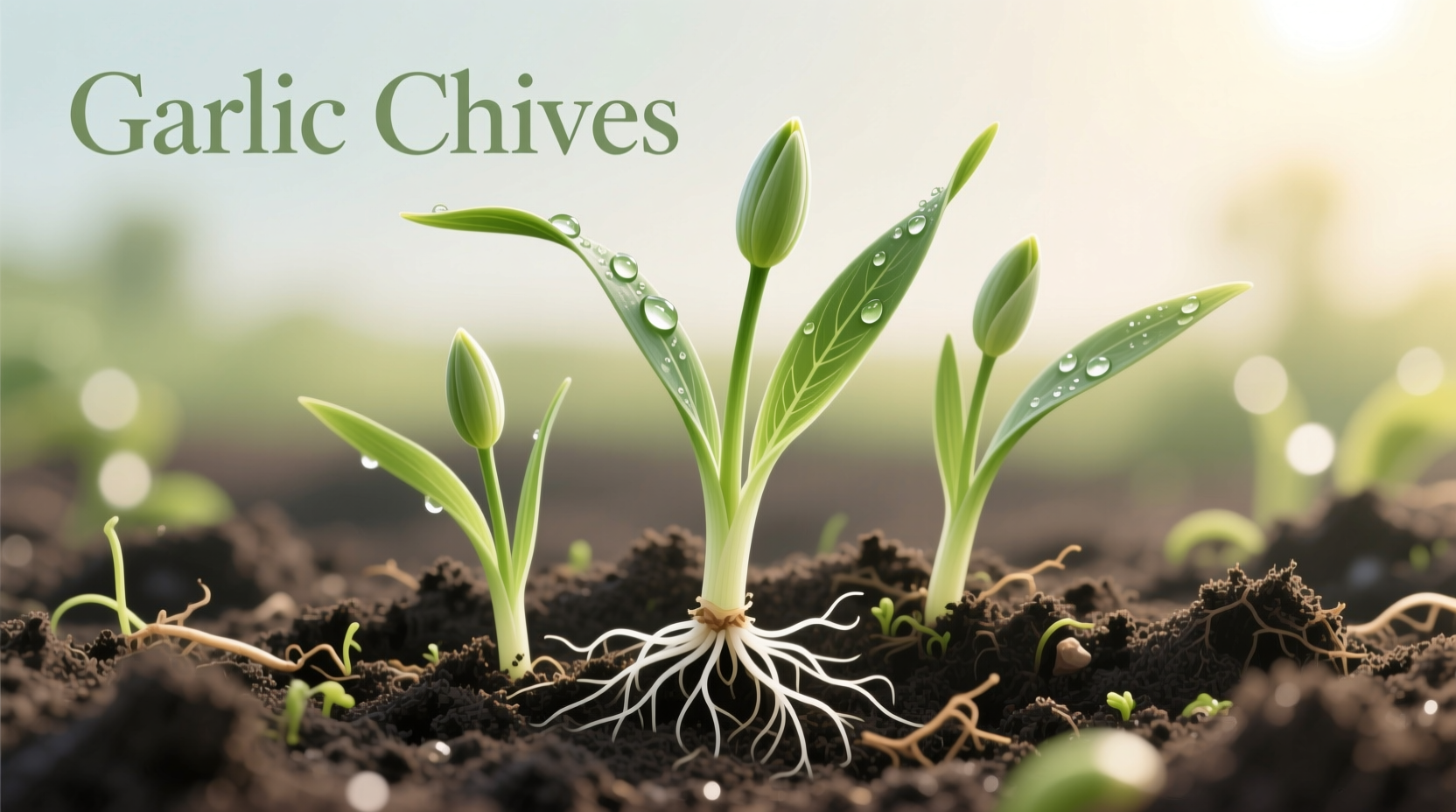 Garlic chives seedlings in garden soil