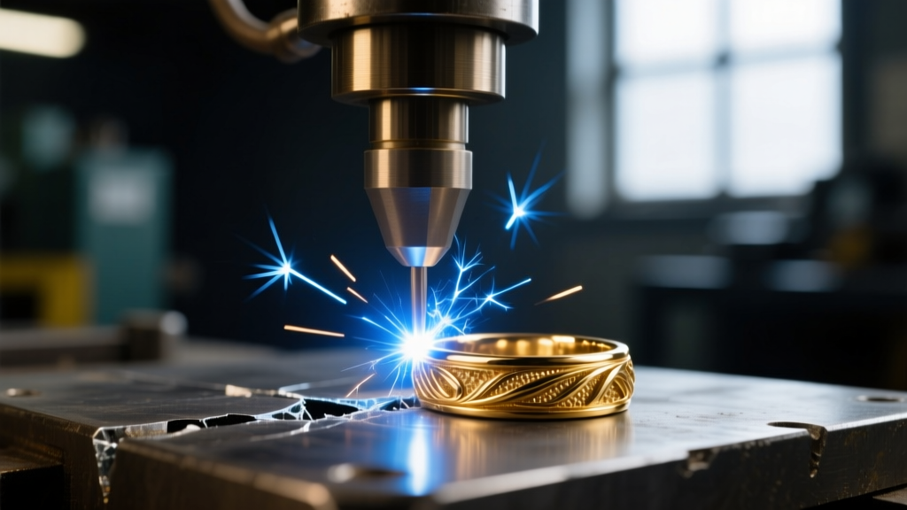 Macro shot of a laser welder repairing a micro-fracture on a vintage gold ring shank, showing a bright spark in a dark workshop