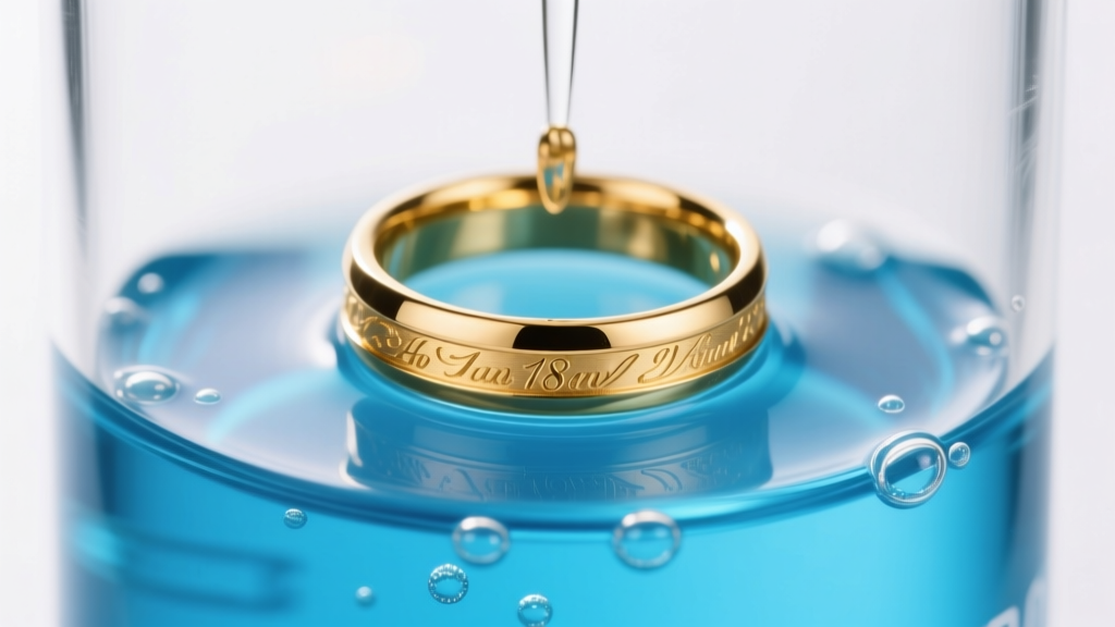 Macro shot of an 18k gold ring submerged in a beaker of clear blue jewelry cleaning solution under bright lab lighting.