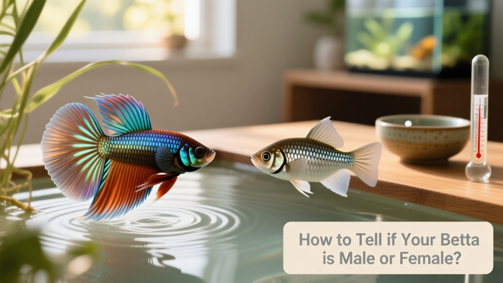 Side-by-side comparison showing key physical differences between male and female bettas: fin length, body shape, and presence of egg spot