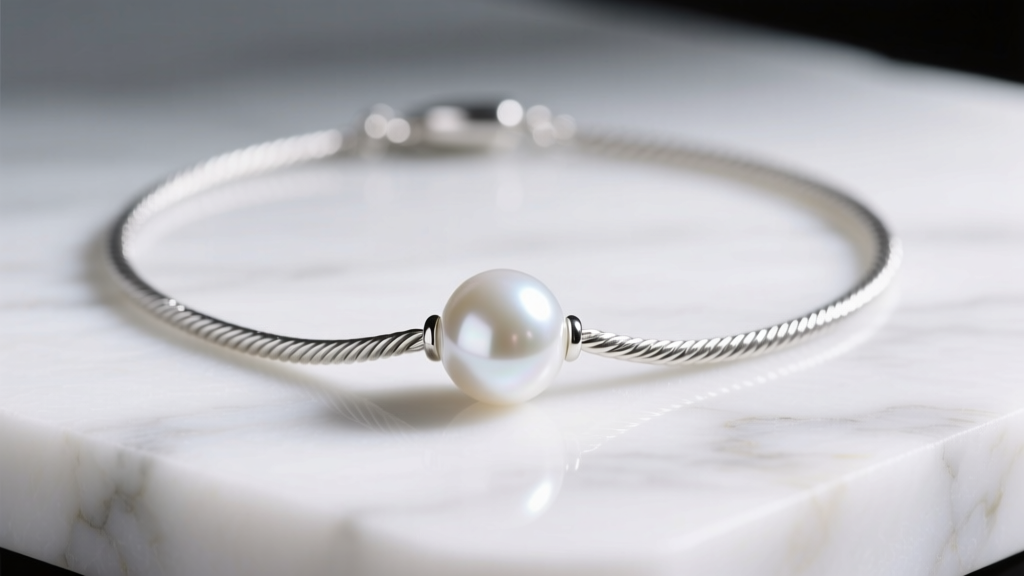 Close-up of a sterling silver cable chain necklace with an 8mm white freshwater pearl pendant resting on a white marble surface.