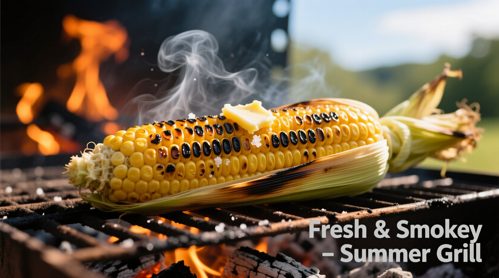 Fresh corn being grilled on charcoal
