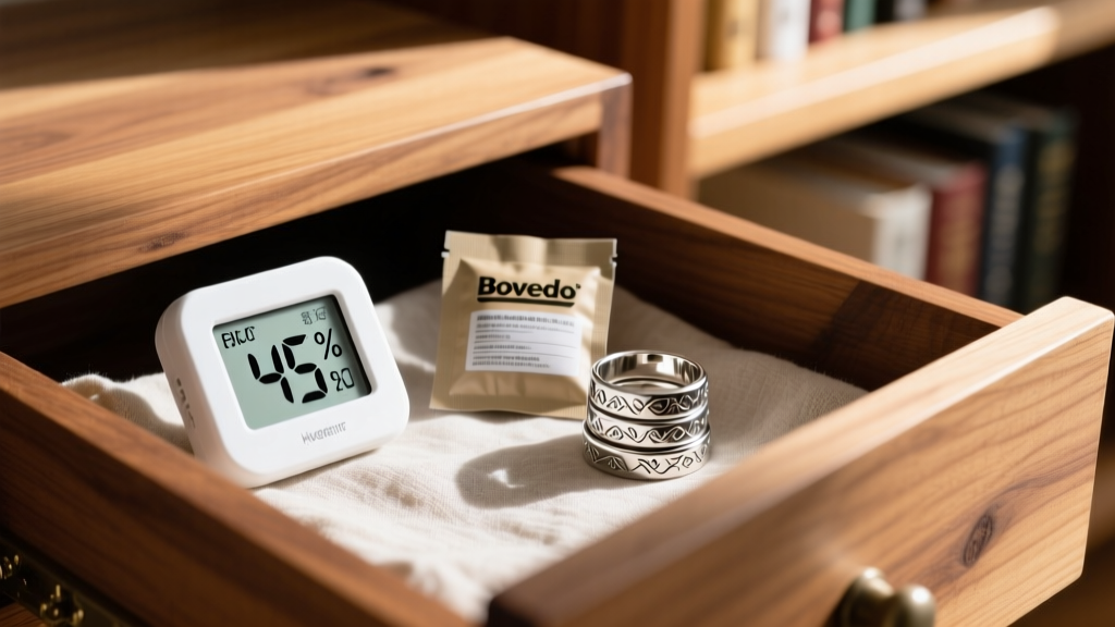 Digital hygrometer showing 45 percent humidity inside a cedar drawer next to a Boveda humidity pack and stacked silver rings