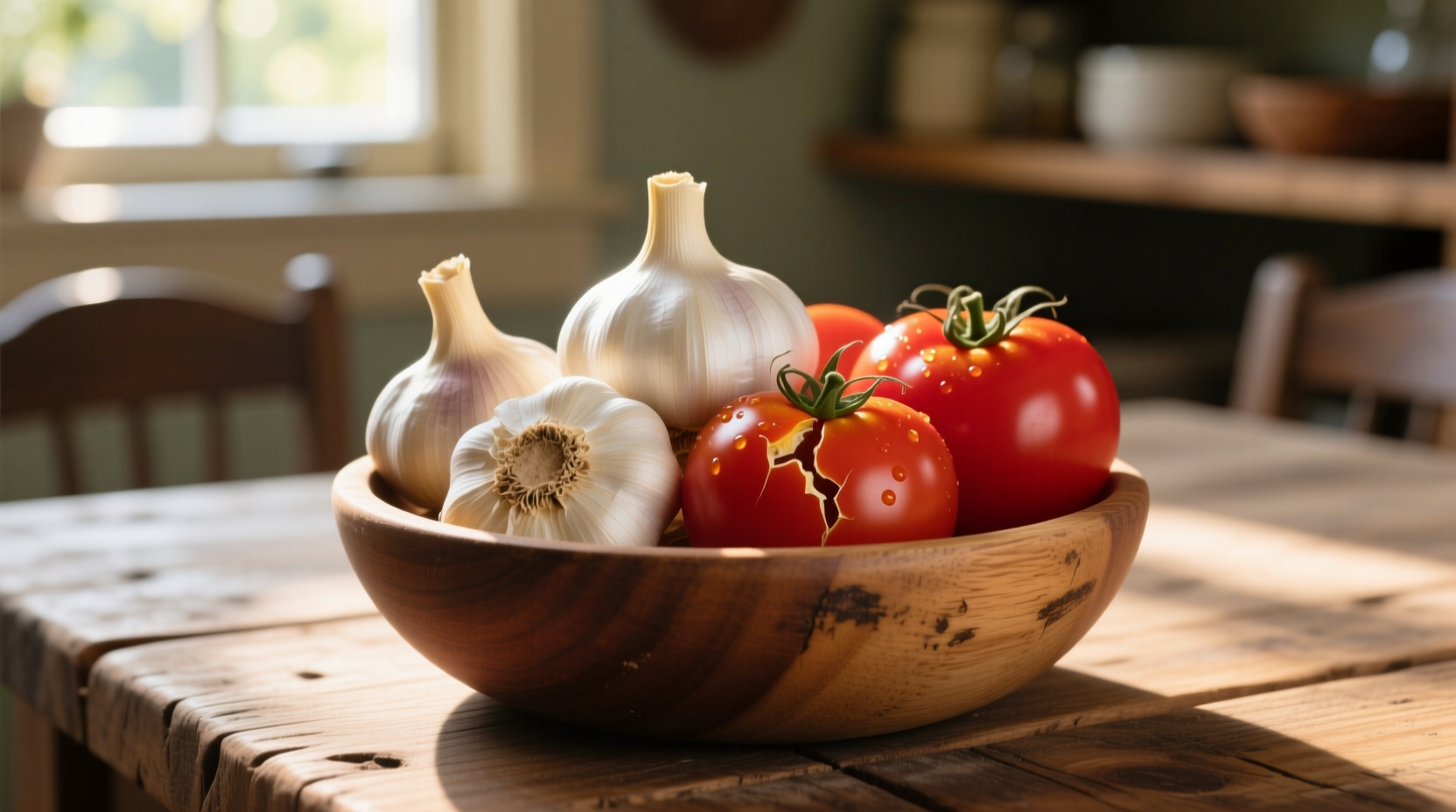 Fresh garlic cloves and ripe tomatoes in wooden bowl