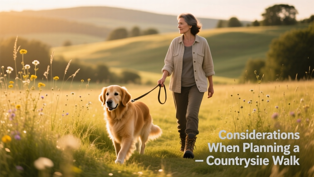 A dog walking calmly through sun-dappled grassland, leash held loosely by their owner