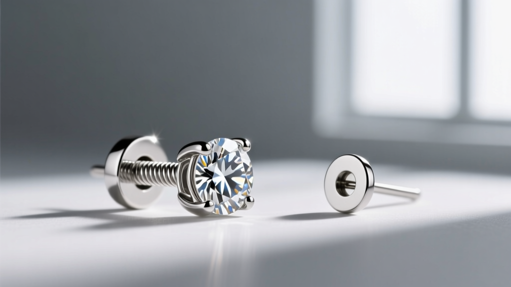 Macro shot of a diamond stud earring post showing a secure screw-back threading mechanism next to a standard friction back.