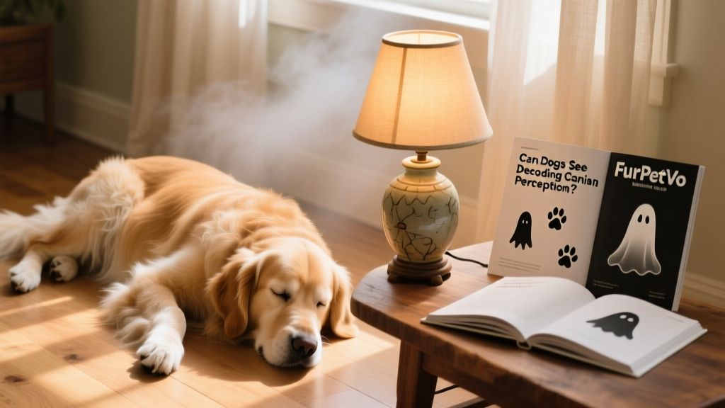 A calm dog resting beside a softly glowing lamp, with a FurPetVo wellness guide visible on a nearby table