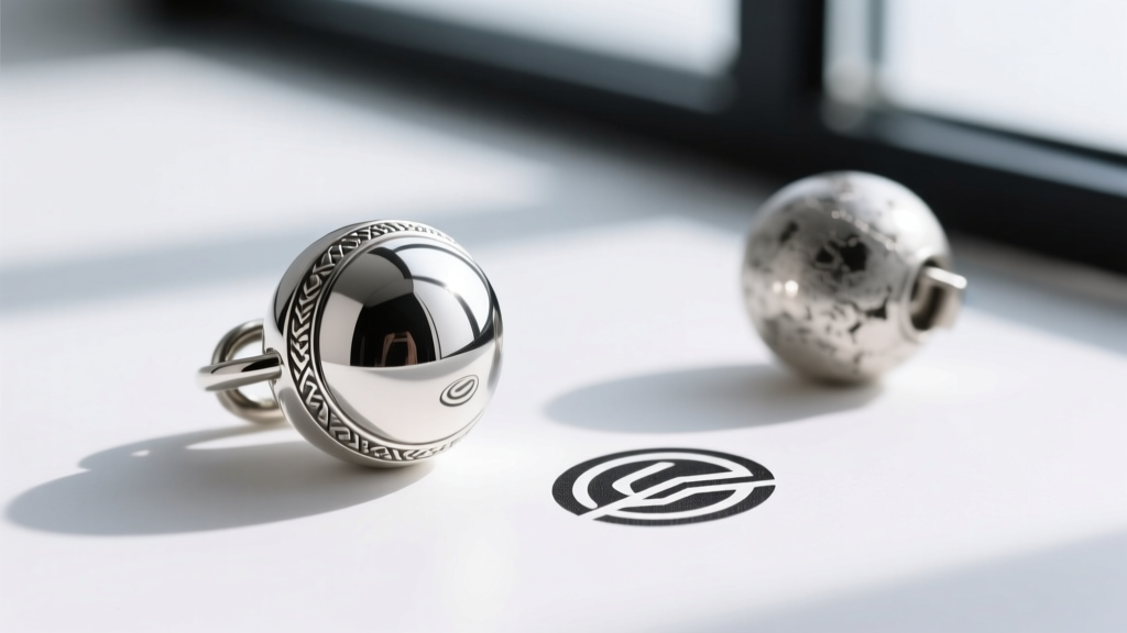 Macro shot comparing an authentic sterling silver orb clasp with a crisp laser-engraved logo next to a blurred counterfeit