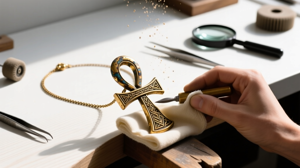 Jeweler workbench featuring a heavily tarnished brass ankh necklace being polished with a microfiber cloth and specialized dip.