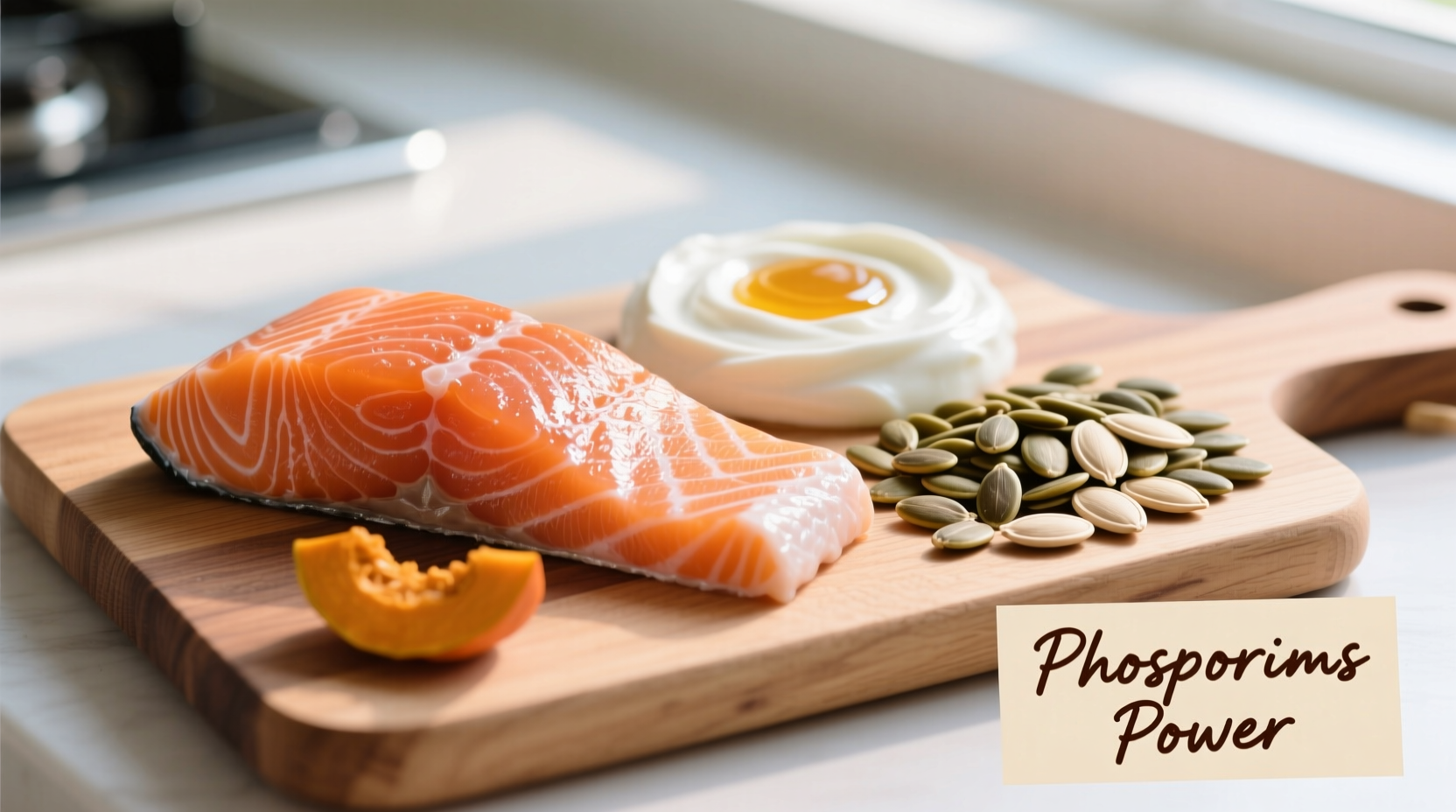 Colorful plate of phosphorus-rich foods including salmon, yogurt, and pumpkin seeds