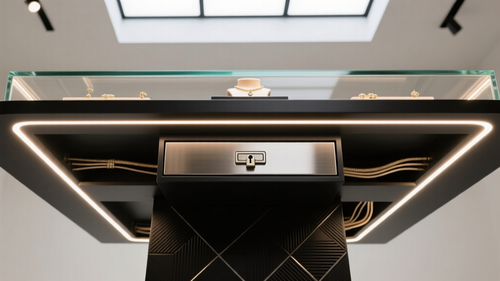 Jewelry display table underside showing integrated LED strip lighting, hidden wiring, and a discreet locking drawer mechanism.