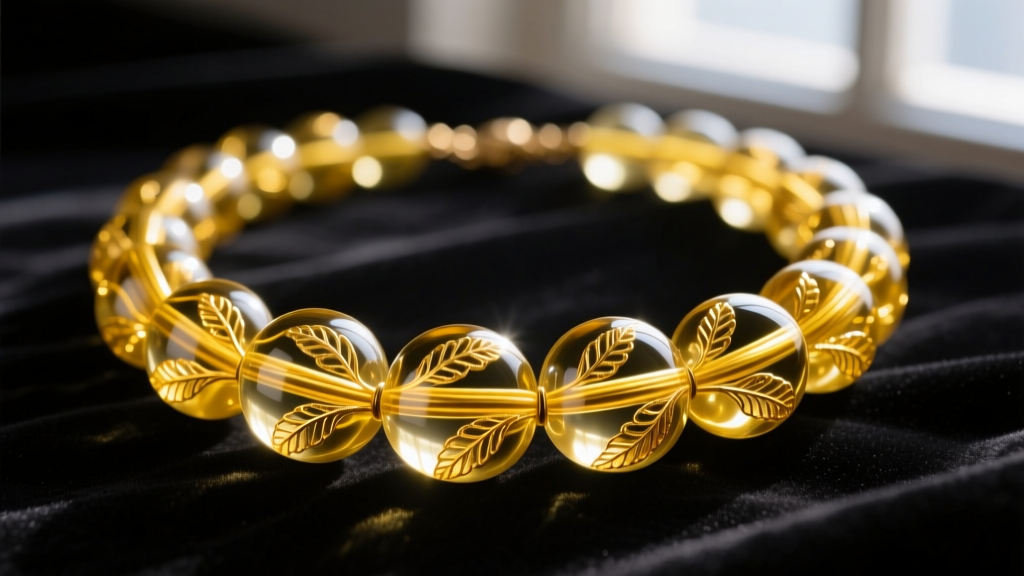 Macro photo of a vintage yellow Murano glass bead necklace showing intricate internal gold leaf patterns, shot on dark velvet
