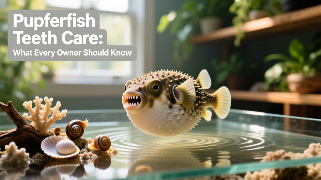 Aquarium setup with a pufferfish swimming near a cluster of snails and shellfish