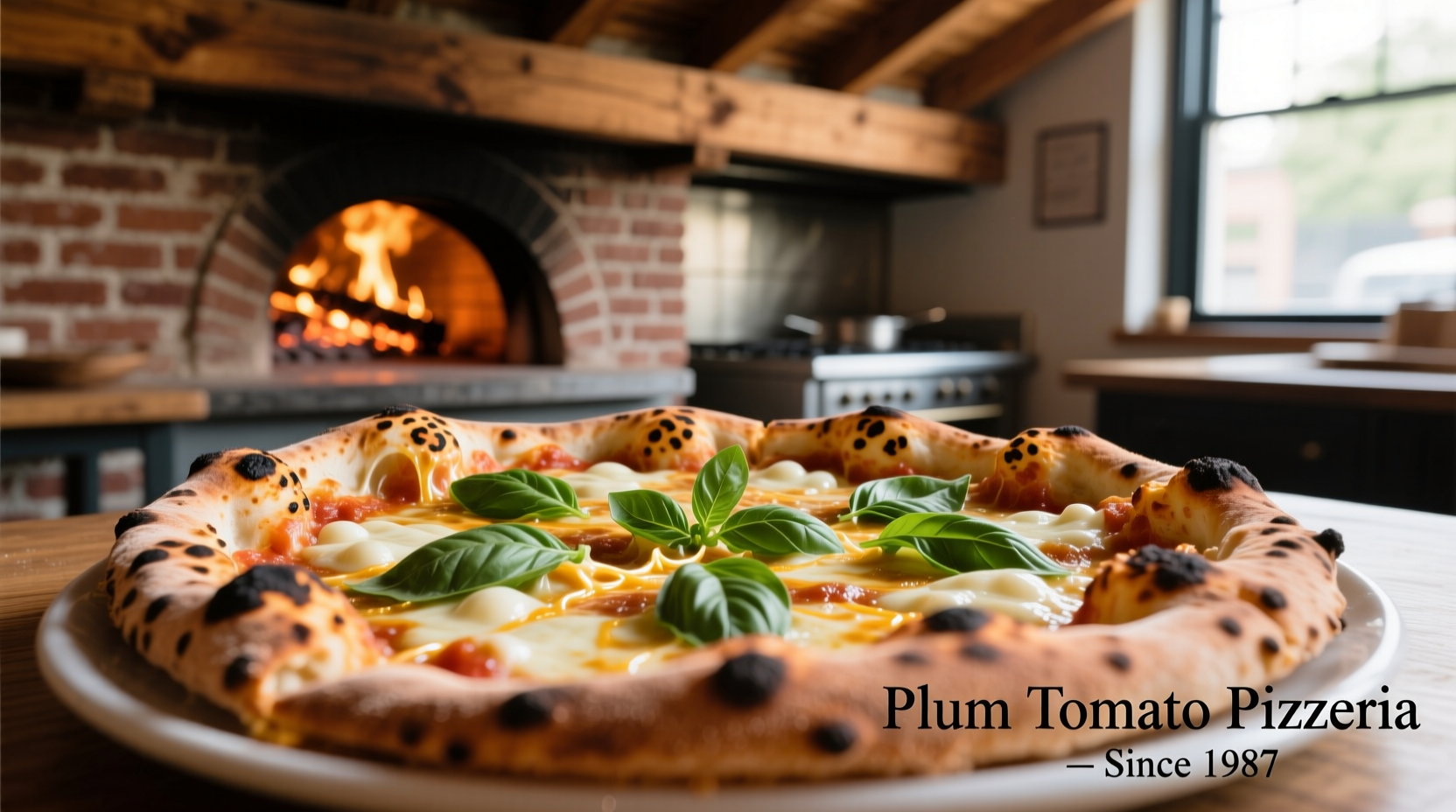 Wood-fired pizza with bubbling cheese at Plum Tomato Pizzeria