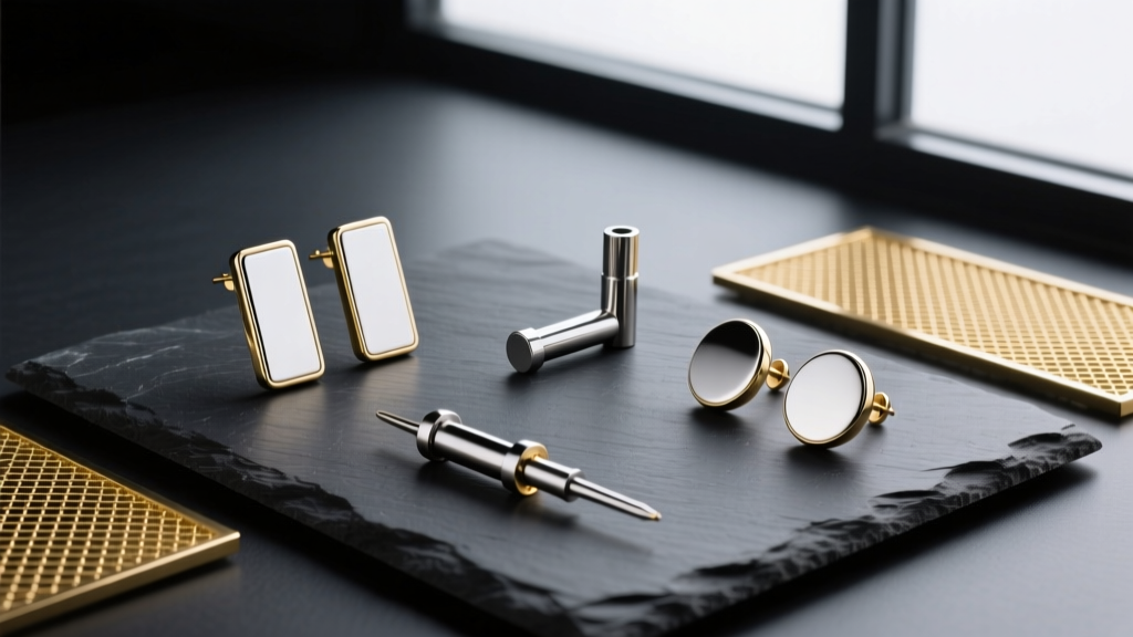 Curated flat-lay of flatscreen and flat-back earrings on dark slate, including titanium labrets and geometric gold mesh panels.