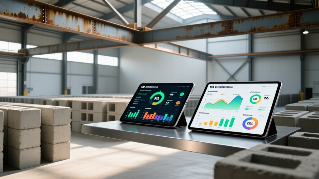 Warehouse with stacked low-carbon concrete blocks and recycled steel beams, alongside digital ESG compliance dashboards on tablets