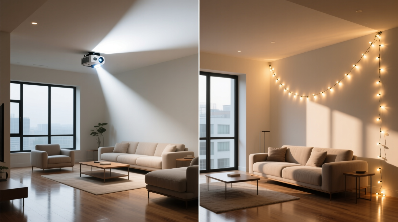 indoor projector lights vs string lights which gives better coverage