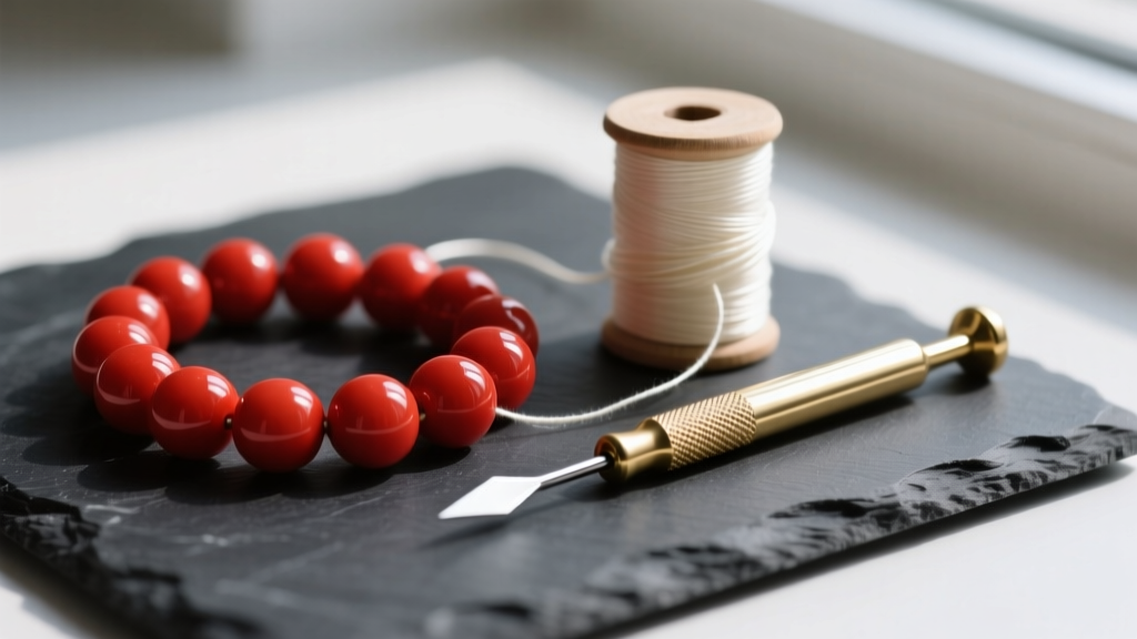 Macro shot of vibrant red coral beads on dark slate next to a spool of ivory silk bead cord and a sharp brass beading awl tool