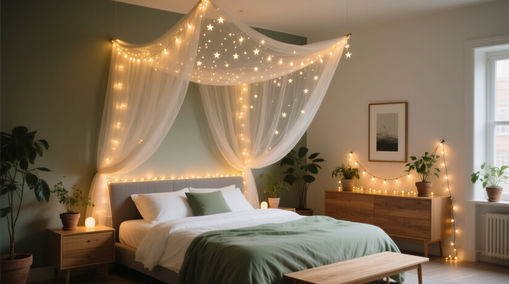 how to use fairy lights in a bedroom without making it look like a party tent