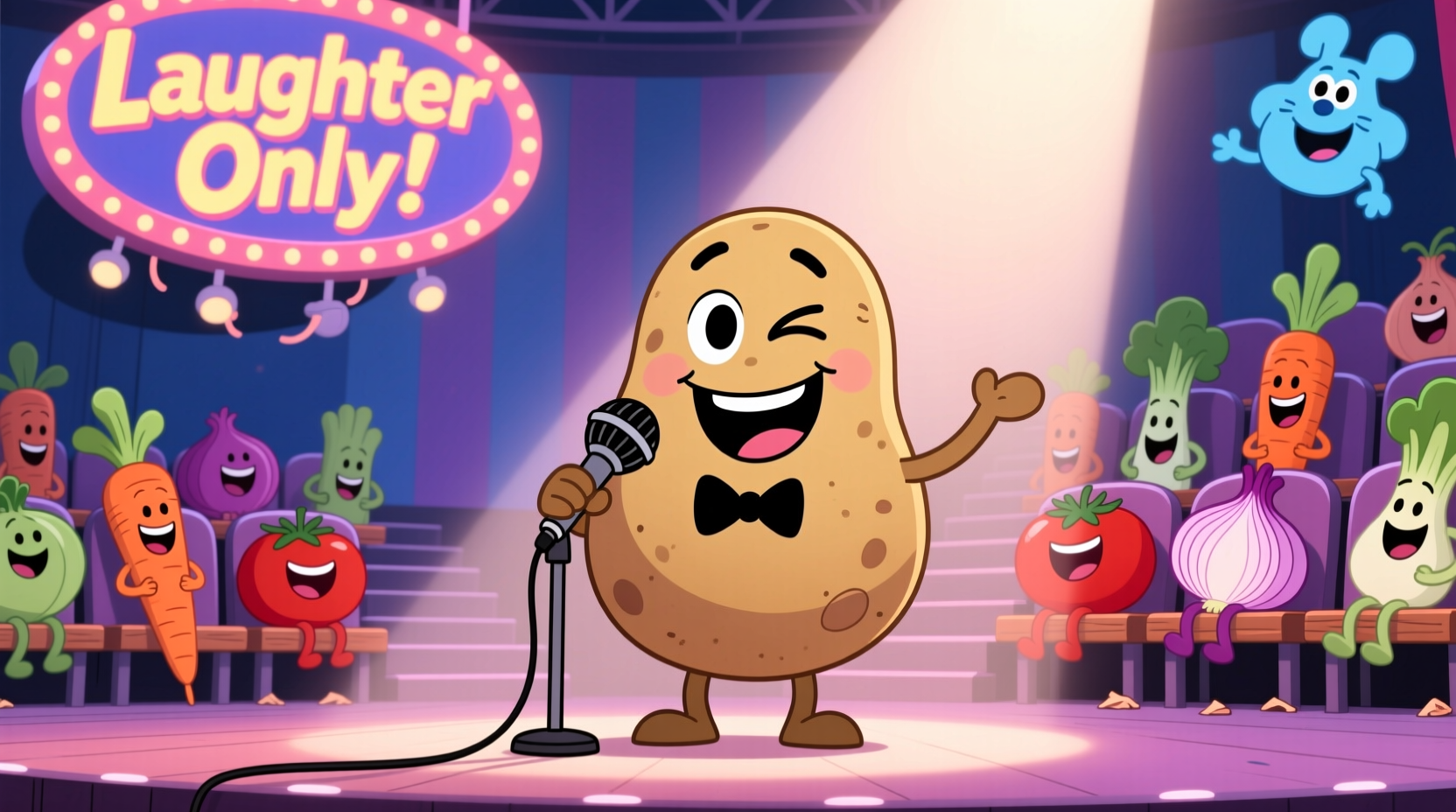 Cartoon potato telling jokes on stage