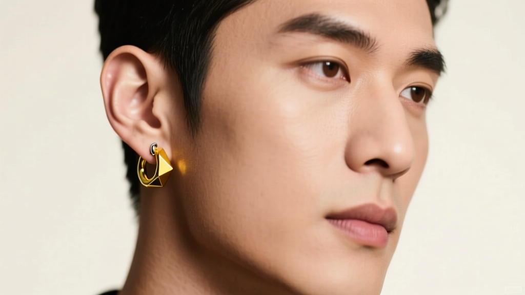 Portrait of a stylish man wearing a 14-gauge 12mm yellow gold clicker hoop earring in his left lobe under soft studio lighting.