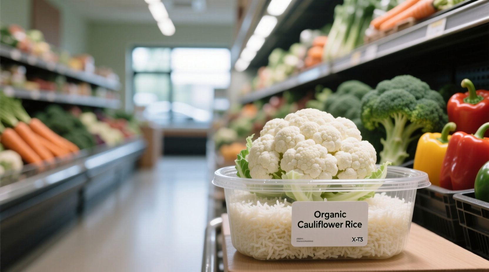 Fresh cauliflower rice in grocery store produce section