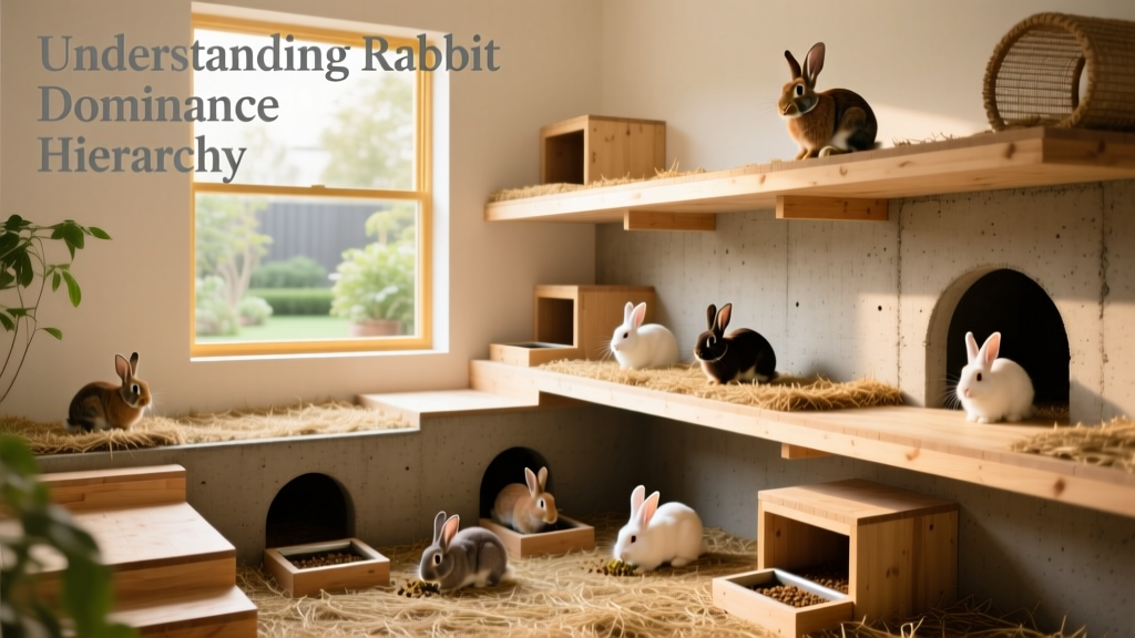 A spacious, multi-level rabbit habitat with tunnels, hideouts, and separate feeding stations