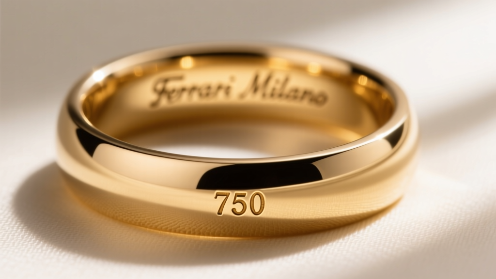 Macro shot of a gold ring shank showing a stamped 750 hallmark and Italian maker's mark, lit by a bright jeweler's loupe beam.