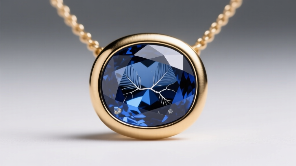 Macro photo of a bezel-set raw sapphire gema necklace showing natural inclusions and a matte gold bezel edge under studio lighting.