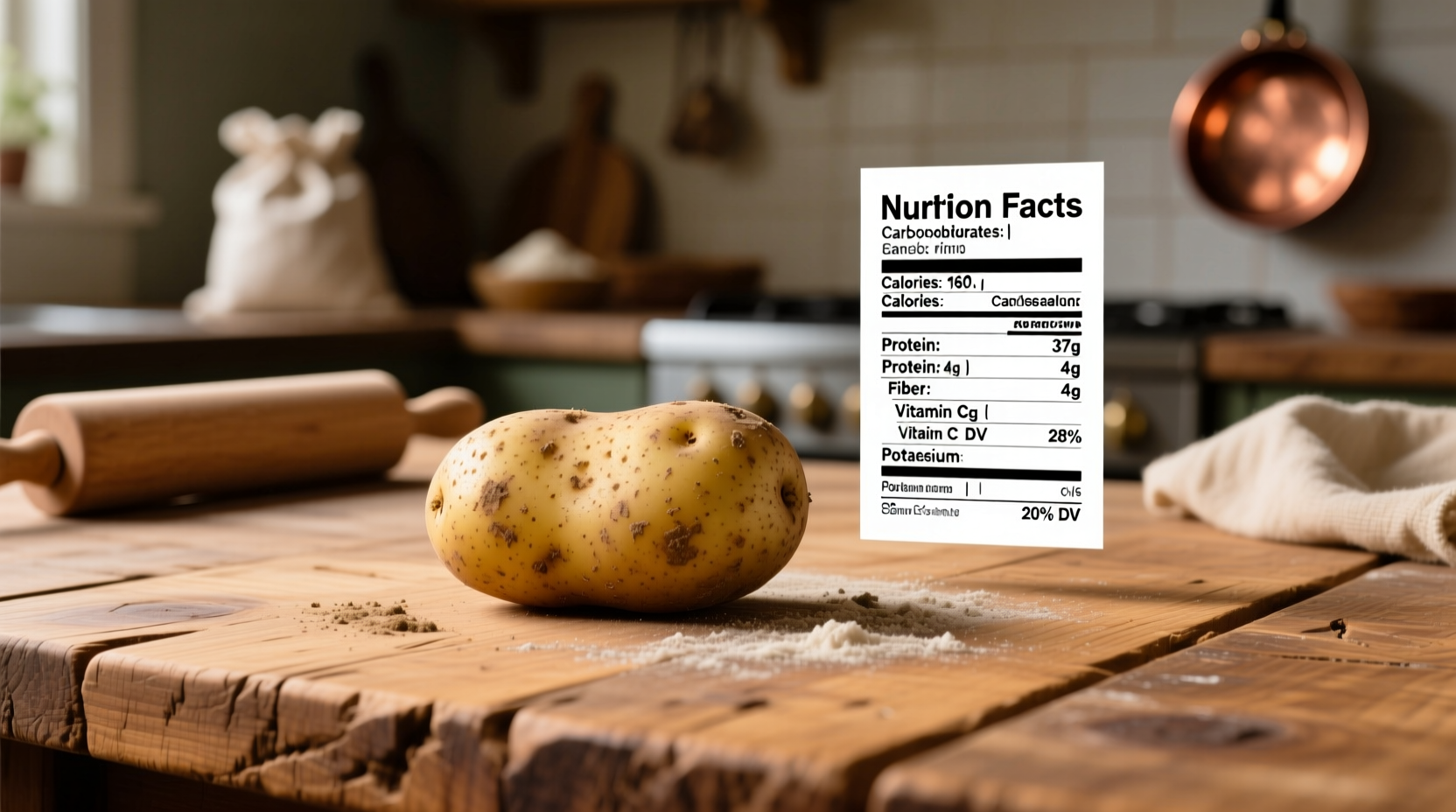 Potato nutrition facts on a wooden table