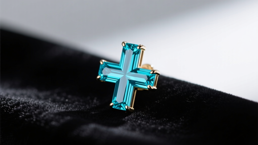 Macro shot of a Sleeping Beauty turquoise cross earring showing pure sky-blue color with no matrix, resting on dark velvet fabric.